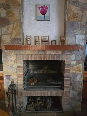 a stone fireplace with chairs and a pink flower at Can Marisu, Casita privada in Cabrils