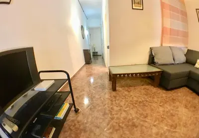 a living room with a couch and a tv at Plaza España Central Apartment in Barcelona