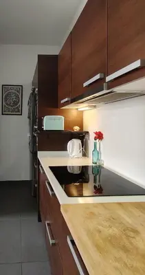 a kitchen with wooden cabinets and a counter top at Pis històric modernista al centre de Manresa in Manresa