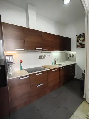 a kitchen with wooden cabinets and a sink at Pis històric modernista al centre de Manresa in Manresa