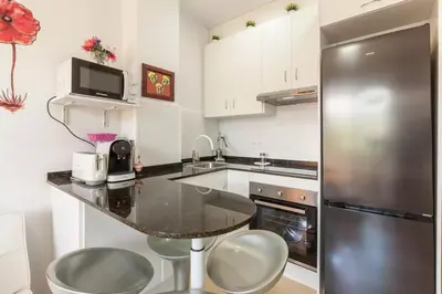 a kitchen with a black counter top and a refrigerator at La Cantonada in Sant Pere de Ribes