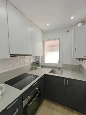 a kitchen with black cabinets and a sink at Elegant apartment Sagrada Familia in Barcelona