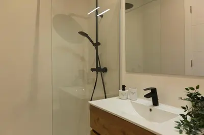 a bathroom with a shower and a sink and a mirror at Barcelona - Gracia 5-A in Barcelona