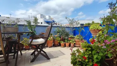 a patio with a bunch of potted plants and a chair at Cosy flat in pretty seaside town in Sitges