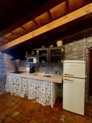 a kitchen with a white refrigerator and a sink at Mas del Drac in Castellví de la Marca
