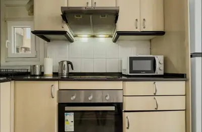a kitchen with a stove and a microwave at Apartamento en Barcelona Pau sans in Hospitalet de Llobregat