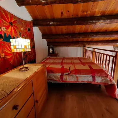a bedroom with a bed and a wooden ceiling at El Roserar Cabaña de Madera y Caravana Vintage Parque Natural del Montseny in Montseny