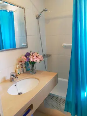 a bathroom with a sink and a vase of flowers at Lovely little house with garden in Sant Vicenç de Montalt
