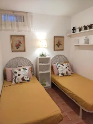 two twin beds in a room with two pillows at Lovely little house with garden in Sant Vicenç de Montalt