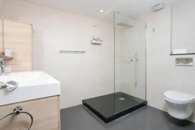 a bathroom with a shower and a toilet and a sink at Canela Homes BARCELONA MERCÈ in Barcelona