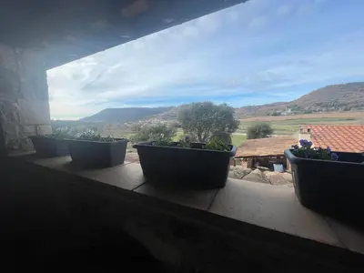 a group of potted plants sitting on a window sill at Cal correu Hort - Xida in Collsuspina