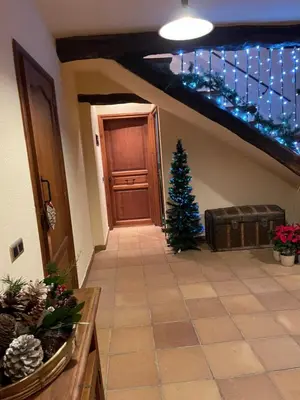 a hallway with a staircase with a christmas tree at Cal correu Hort - Xida in Collsuspina