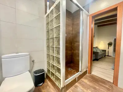 a bathroom with a toilet and a walk in shower at Ven una temporada al centro de Barcelona in Barcelona