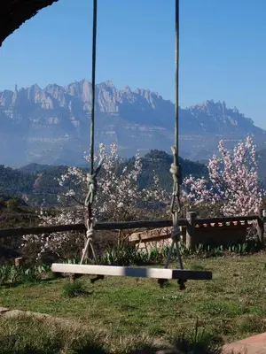 a swing with a mountain in the background at Music room in Montserrat in Castellbell i Vilar