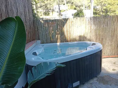 a bath tub with a fish in it next to a fence at Can Masia in Olivella