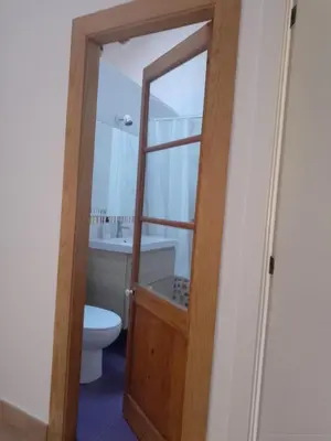 a bathroom with a toilet and a wooden door at Charming traditional family townhouse in Calella in Calella