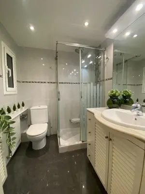a bathroom with a shower and a toilet and a sink at Centric Apartment with Balcony in Barcelona