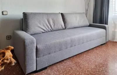 a dog is sitting next to a gray couch at Voramar, Apartamento a primera línea de mar y con piscina in Canet de Mar