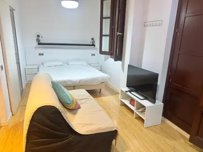 a small room with two beds and a flat screen tv at barceloneta street apartment 1 in Barcelona
