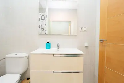 a bathroom with a toilet and a sink and a mirror at Apartamento Comte Borrell in Barcelona