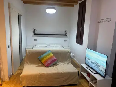 a bedroom with a bed with a pillow and a tv at Barceloneta Beach 2 in Barcelona