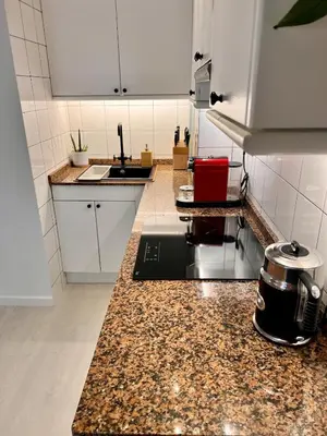 a kitchen with a counter top with a stove at Cozy Barceloneta Beach Flat - Newly Renovated in Barcelona