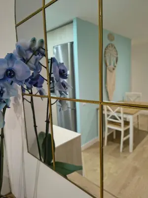 a mirror with a vase with blue flowers in it at Fira Gran Via & Aeropuerto Barcelona Mi Colibrí in Hospitalet de Llobregat