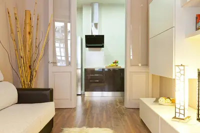 a living room with a couch and a tv and a kitchen at Great location with private terrace in Barcelona
