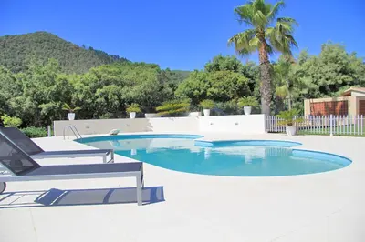 a swimming pool with two chairs and a palm tree at PREMIUM HABITAT Can Ferrer in Arenys de Munt
