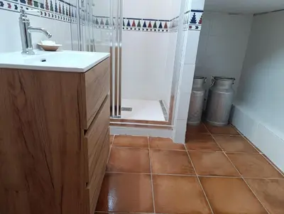 a bathroom with a sink and a shower at Masía Can Janàs in Lliçà d'Amunt
