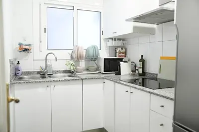 a white kitchen with a sink and a microwave at \u6ee8\u6d77\u522b\u5885 in Premia de Dalt