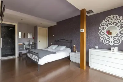 a bedroom with a bed and a mirror on the wall at Espai Oliveres Barcelona Villa con piscina in Papiol