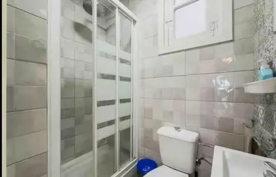 a white bathroom with a toilet and a shower at Apartment in BCN 2-1 in Hospitalet de Llobregat