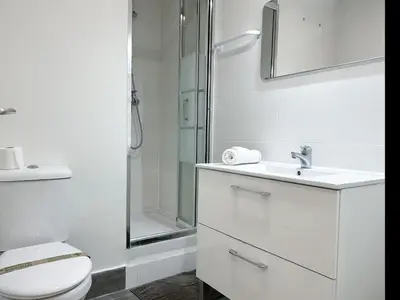 a white bathroom with a toilet and a shower at Apartment Goya in Vilanova i la Geltrú