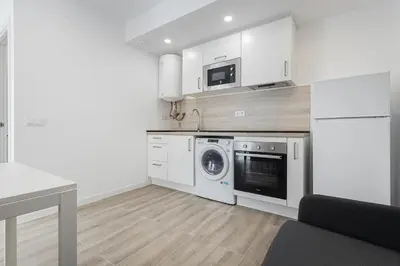 a kitchen with a washing machine and a microwave at Apartahotel Sant Marti Suites in San Martín Sarroca
