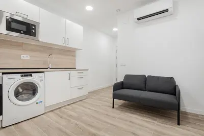 a living room with a washing machine and a chair at Apartahotel Sant Marti Suites in San Martín Sarroca