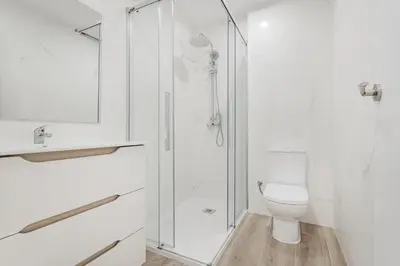 a white bathroom with a shower and a toilet at Apartahotel Sant Marti Suites in San Martín Sarroca