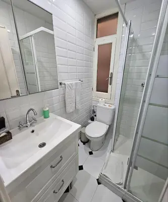 a bathroom with a sink and a toilet and a shower at Five Room Family Flat Near Ramblas in Barcelona
