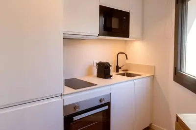 a small kitchen with a sink and a microwave at Lodging Apartments Besos River 11 in Santa Coloma