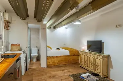 a bathroom with a bedroom with a bed and a television at 2537 - AB Sant Antoni Studio in Barcelona