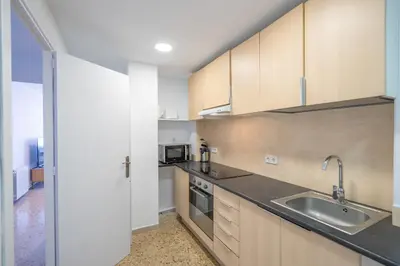 a kitchen with wooden cabinets and a sink at HomeHolidaysRentals Magic - Costa Barcelona in Pineda de Mar