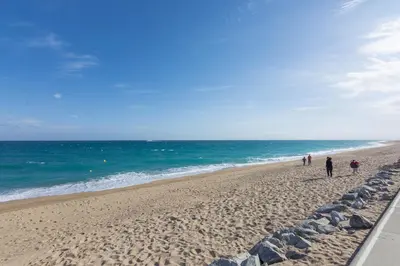 a group of people walking on the beach at HomeHolidaysRentals Magic - Costa Barcelona in Pineda de Mar