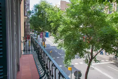 a balcony with a black fence and a tree at Sweett - Sants in Barcelona