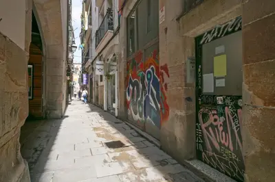 an alley with graffiti on the side of a building at Alcam Flassaders in Barcelona