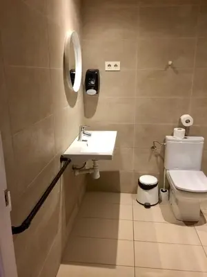 a bathroom with a toilet and a sink and a mirror at Casas Apartamentos Gracia in Barcelona