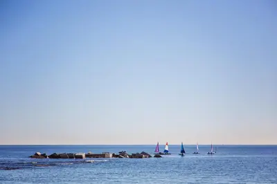 a group of sailboats on the water with a dock at Sweett - Bogatell Beach in Barcelona