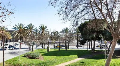 a park with palm trees and a parking lot with cars at Yomo Hostal BCN Port in Barcelona