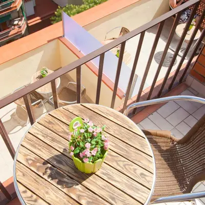 a wooden table with a pot of flowers on a balcony at Hotel Everest in Barcelona