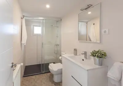 a bathroom with a shower and a sink and a toilet at Hola! - El Cortijo in Sitges