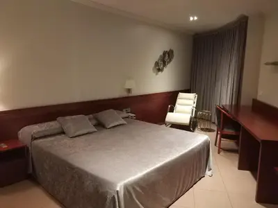 a bedroom with a bed and a desk and a chair at Hotel Els Noguers in Manresa